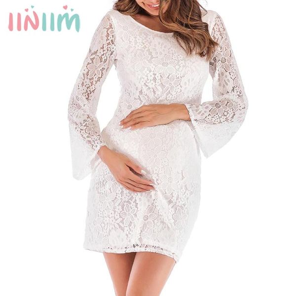 

women maternity elegant dress floral lace overlay vestidos round neck long sleeves pregnant pgraphy dress for part weeding, White