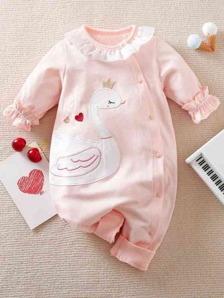 

baby swan embroidery ruffle trim flounce sleeve jumpsuit she, Blue