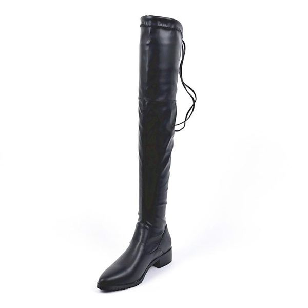 

boots low heel pointed toe lace-up pu stretch red wear-resistant non-slip rubber sole over-the-knee black long
