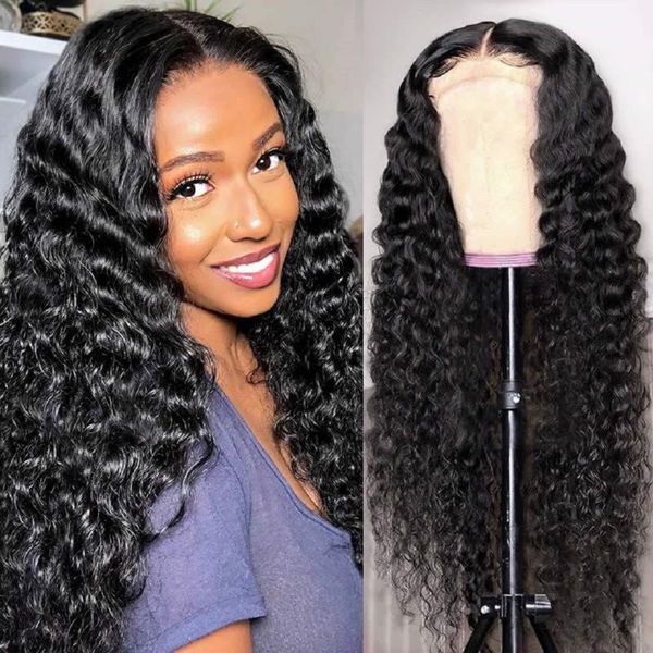 

lace wigs deep wave front human hair for women 13x4 frontal wig brazilian curly kinky closure 4x4, Black;brown