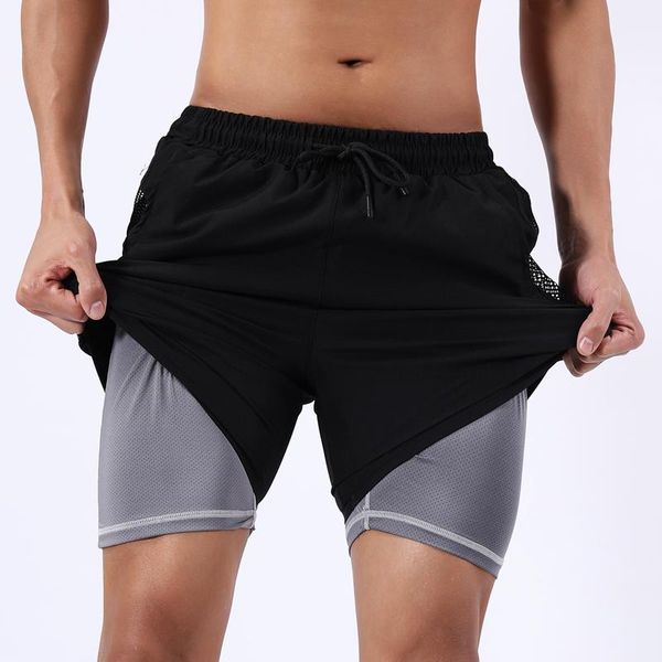 

gym clothing men's running shorts 2 in 1 casual sports training male double-deck quick drying jogging breathable pants, White;black