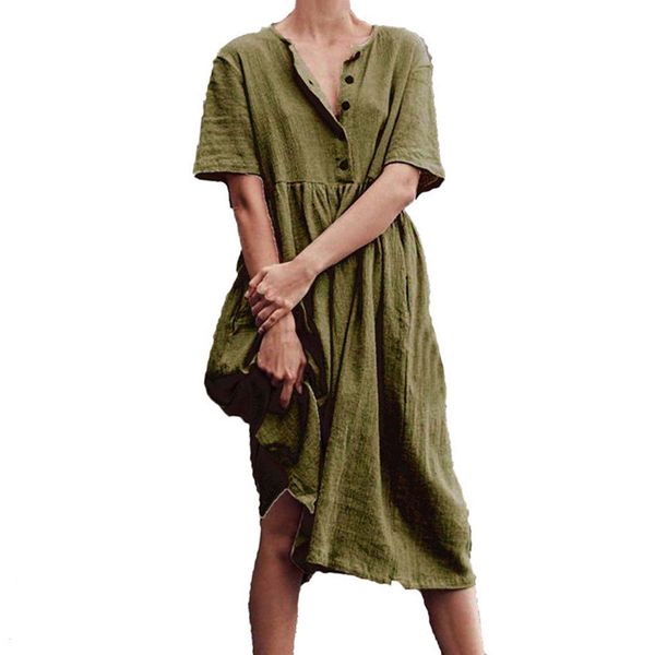 

2021 new women vintage solid loose midi casual button short sleeve cotton and linen maxi simple beach vestidos xkkg, Black;gray