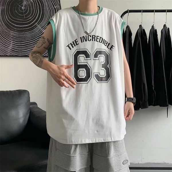 

sleeveless t-shirt men's fashion brand loose waistcoat summer korean ins versatile casual sports jersey, Black