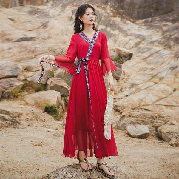 

casual dresses retro temperament ethnic style red dress women's desert travel po tourism holiday, Black;gray