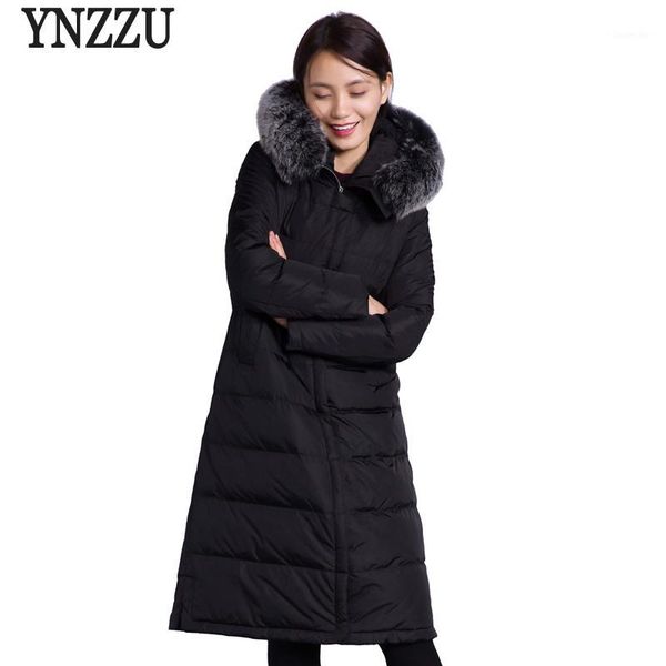 

ynzzu luxury women winter down jacket 2018 elegant long duck down coats real large fur collar hooded warm snow overcoat o6021, Black