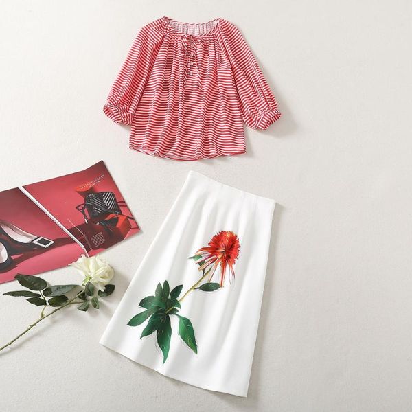 

two piece dress women girls lantern sleeve striped blouses and floral print skirt set spring summer 2021 designer white skirts