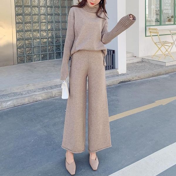 

women's two piece pants elegant knitted suit 2 set solid turtleneck thick sweater wide leg female clothing autumn winter sets, White