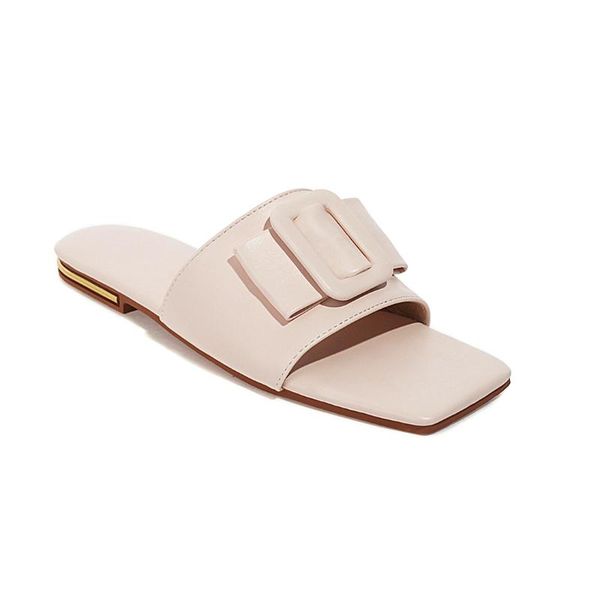 

slippers 2021 ladies summer outside modern for women flat synthetic leather buckle beige square toe fashion, Black