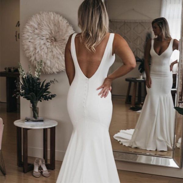 

new 2021 satin es backless sleeveless bridal wedding gown vestidos de mariee ek62, White
