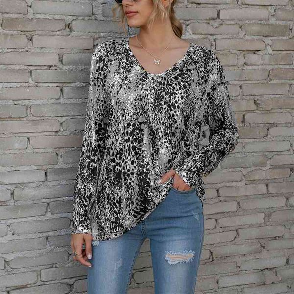 

spring 5xl oversized womens blouses leopard printed long sleeve v neck casual loose blouse ladies plus size, White