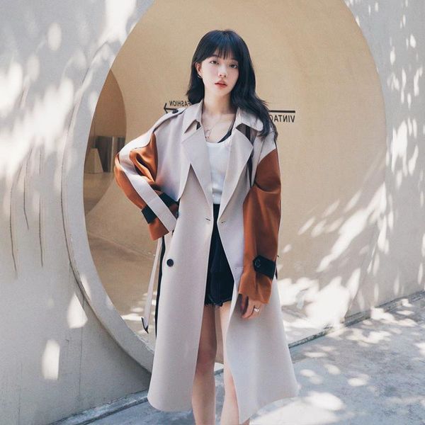 

women's trench coats women coat spring autumn long windbreaker splicing contrast british korean casual ladies cloak loose quality jacke, Tan;black
