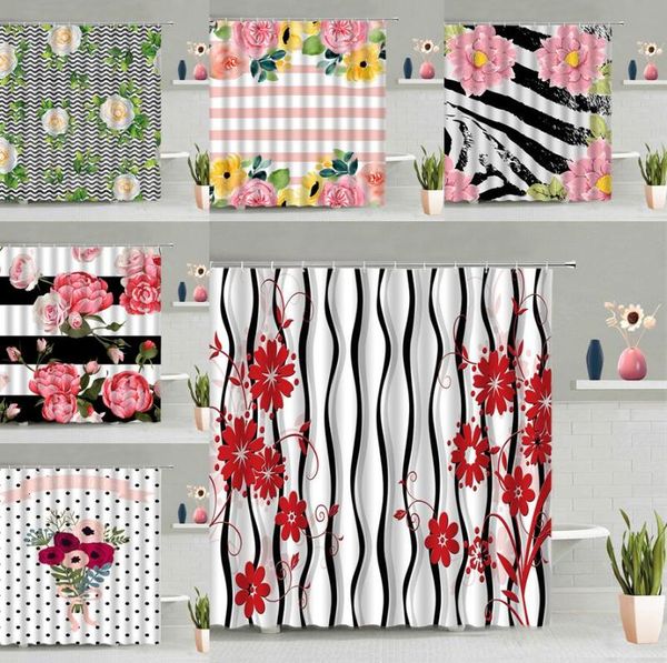 

geometry stripe shower curtain ripple plant flower printed modern curtains bathroom decor waterproof bath screen fabric hook set