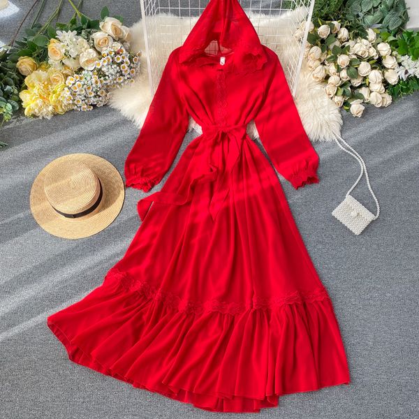 

2021 women's hooded red vintage long sleeve embroidery chiffon es female vacation beach vestidos mujer autumn vtm2, Black;gray