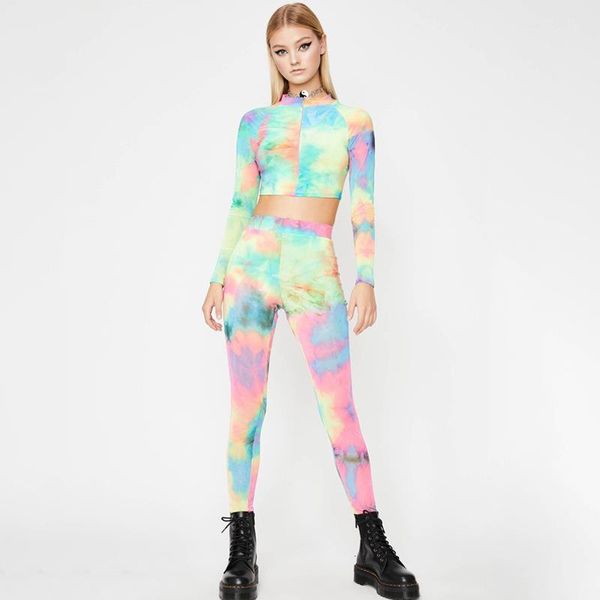 

goocheer women crop long sleeve pants 2pcs set summer rainbow workout suit new colorful dyeing fitness women suit, Gray