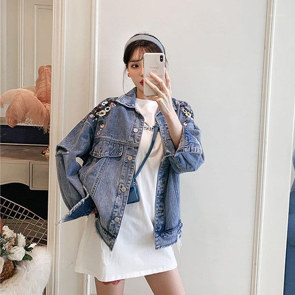 

women's jackets autumn 2021 loose vintage flower embroidery harajuku hole denim jacket women plus size 4xl vetement femme casual jean, Black;brown