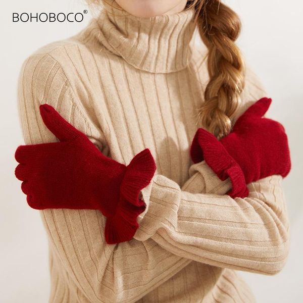 

hats, scarves & gloves sets knitting cashmere mittens for women femme ladies solid color pure warm winter glove 25cm 36g, Blue;gray