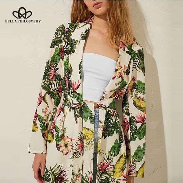 

women's suits & blazers philosophy women long sleeve leaf print blazer vintage floral female loose sashes holiday lady outwears, White;black