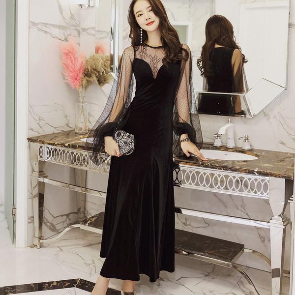 

casual dresses fashion dress women long 2021 autumn women's socialite perspective gauze temperament 1146, Black;gray