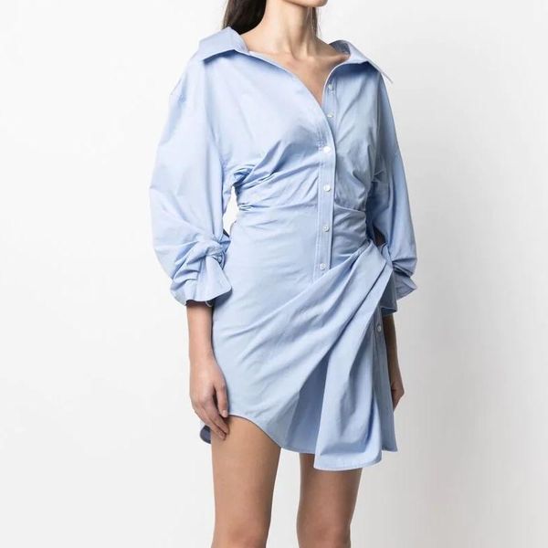 

casual dresses loose cotton shirt dress women spring autumn elegant lantern sleeve irregular mini white/blue vestido de mujer, Black;gray