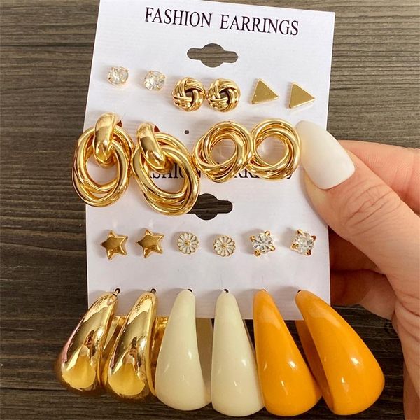

hoop & huggie en boho gold color big earrings set for women geometirc square circle brincos 2021 trend jewelry gift, Golden;silver