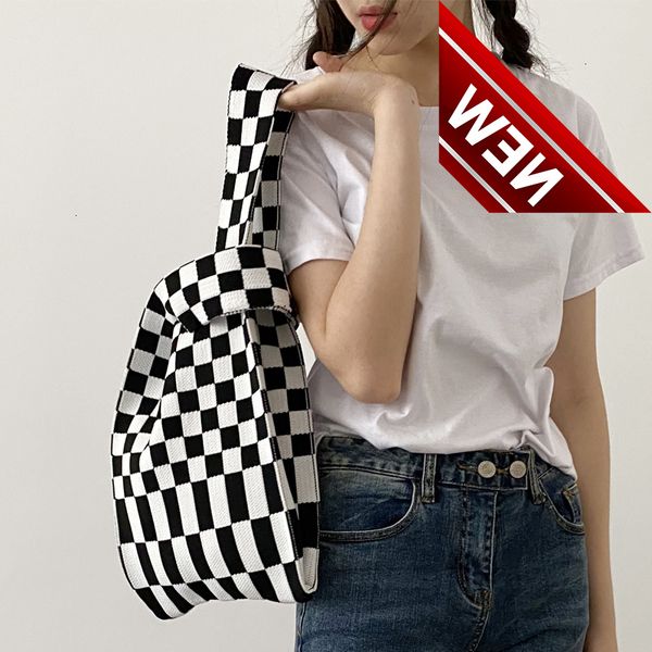 

knitting fabric women handbag chequer chess design eco small shopping bag decoration purses woolen plaid cloth tote for ladies