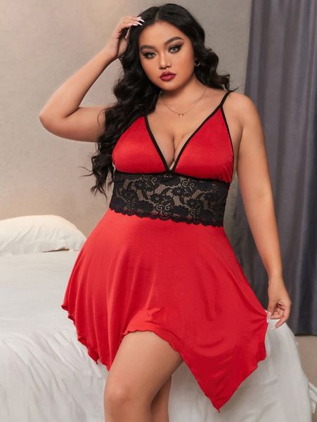 

plus contrast lace asymmetrical hem velvet nightdress j24t#, Black;white