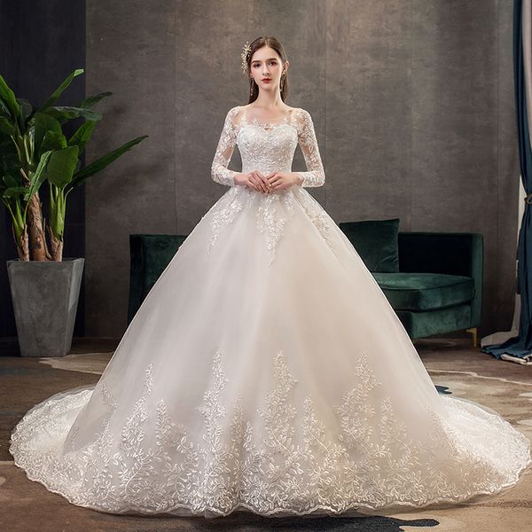 Elegantes Elfenbein-weißes Spitzen-Prinzessin-Hochzeitskleid mit Stickerei, königlicher Zug, herzförmige Kleider, langes Ärmel-Brautkleid, Vestidos de Noiva