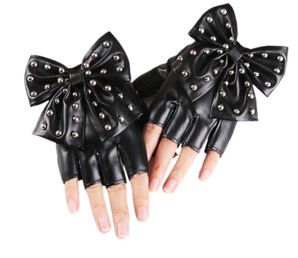 

five fingers gloves women fingerless driving pu leather motor cool rivet bow disco dancing rock roll punk glove s2253, Blue;gray