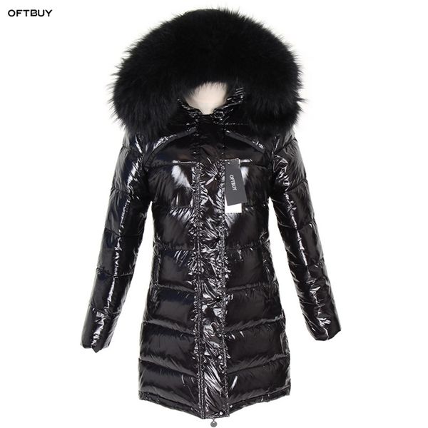 

oftbuy winter jacket women real fur coat natural raccoon fur collar long parka duck down jacket waterproof streetwear brand 211204, Black