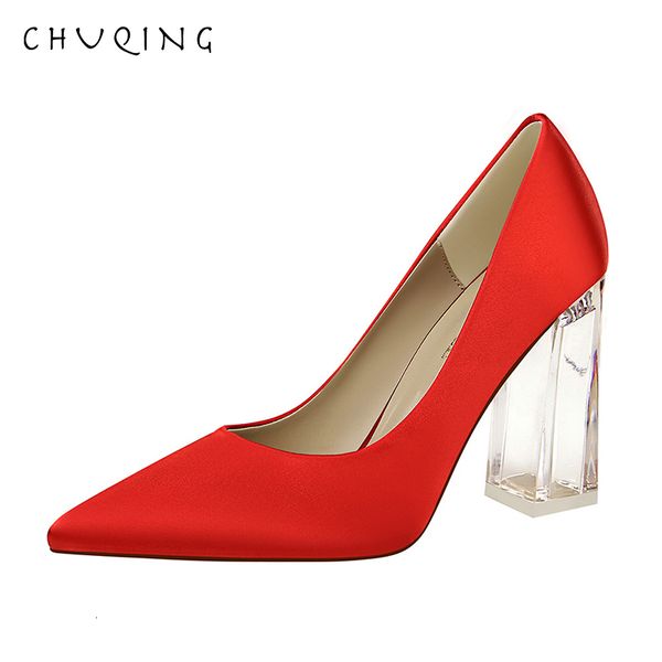 

2021 new chuqing korean version of the stylish transparent crystal with shallow mouth pointed high heels wedding shoes oyws, Black