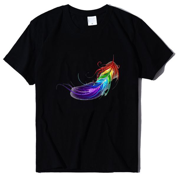 

t-shirt cool summer loose short sve colorful feather print fashion sports, White
