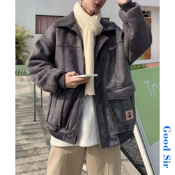 

autumn and winter tooling lapel lamb wool men's trend loose padded jacket with cashmere thickened cotton, Black;brown