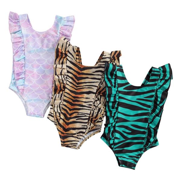 

one-pieces 1-6y kids baby girls swimsuits 2021 summer children bikini leopard/fish scale ruffle one-piece swimwear toddler bathing suits, Black