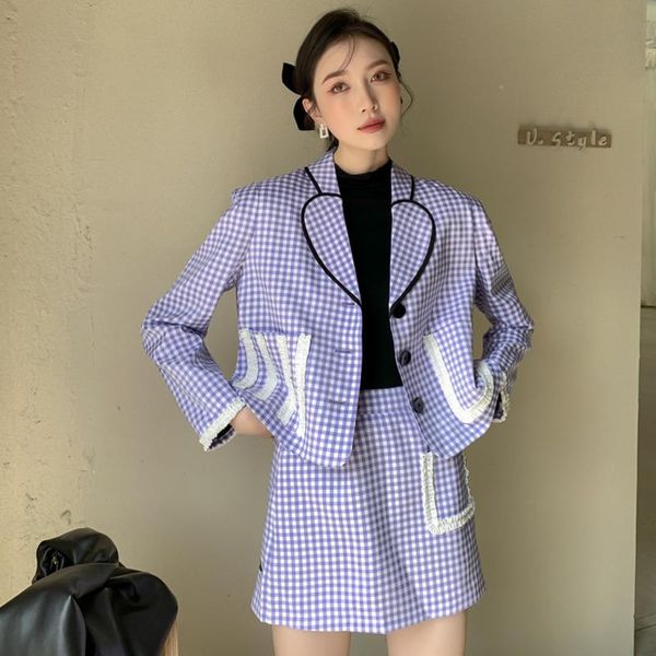 

two piece dress purple plaid suit women's elegant coat with short skirt 2021 spring autumn suits office lady fashion tide c678, White