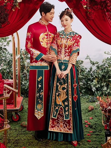 

ethnic clothing couple dragon phoenix embroidery qipao bride wedding dress retro chinese style cheongsam toast, Red
