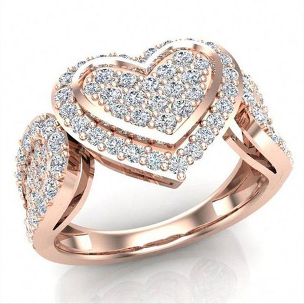 

cluster rings luxury fashion rose gold color love heart inlaid full circle crystal for women engagement ring jewelry whole sale, Golden;silver