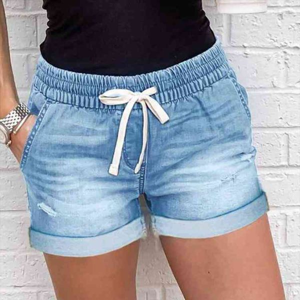 

denim shorts womens summer clothes ripped jeans elastic lace elastic mid waist washed holes blue denim shorts women