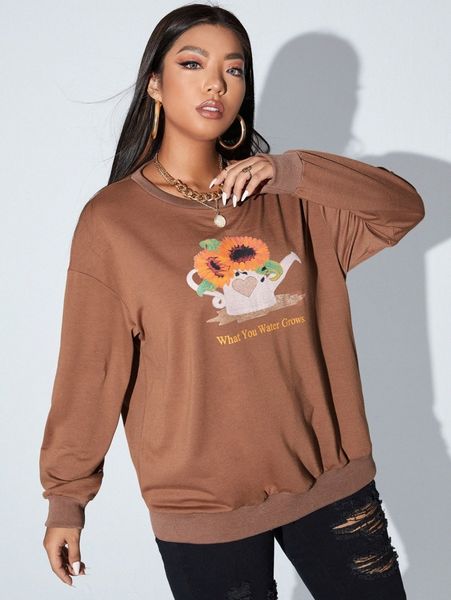 

plus slogan & floral print sweatshirt q0jz#, Black