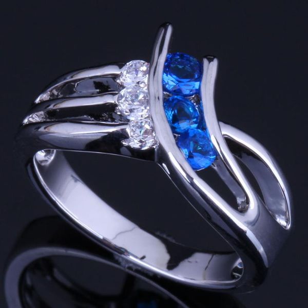 

cluster rings captivating blue cubic zirconia white cz silver plated ring v0684, Golden;silver