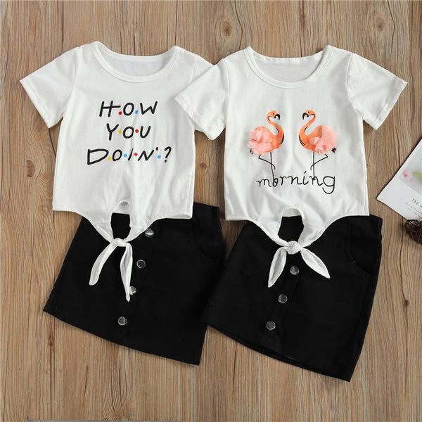 

clothing sets kids baby girls fashion summer 2-piece outfit set flamingo print letter short sleeve t-shirt and button skirt, White