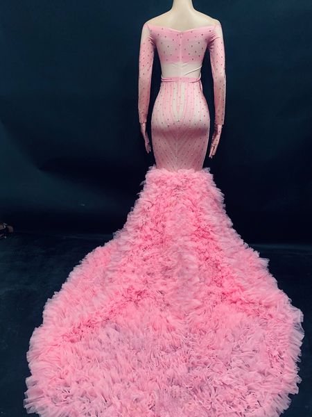 

pink rhinestone long tail floor length dress slash neck women wedding evening gown formal party birthday dress singer stage wear, Black;red
