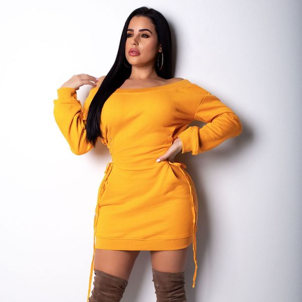 

women hoodie sweatshirt dress casual side lace up loose off shoulder long sleeve mini dresses streetwear c35-af57, Black;gray