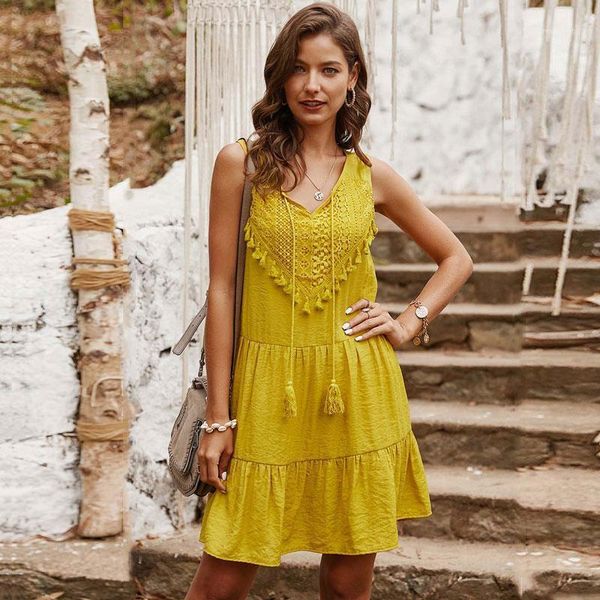 

short summer dress women lace mini sleeveless ladies a line sundress party loose beach robes femme yellow casual dresses, Black;gray