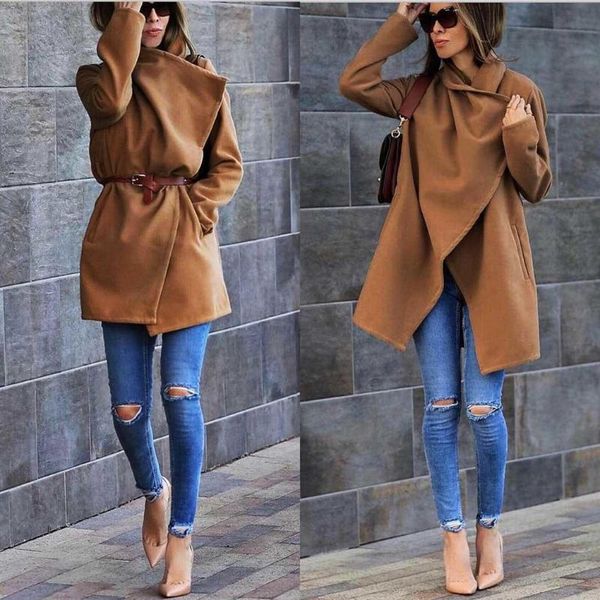 

women's wool & blends fashion women casual irregular collar regular fit, hip length solid pocket warm coat outwear, Black