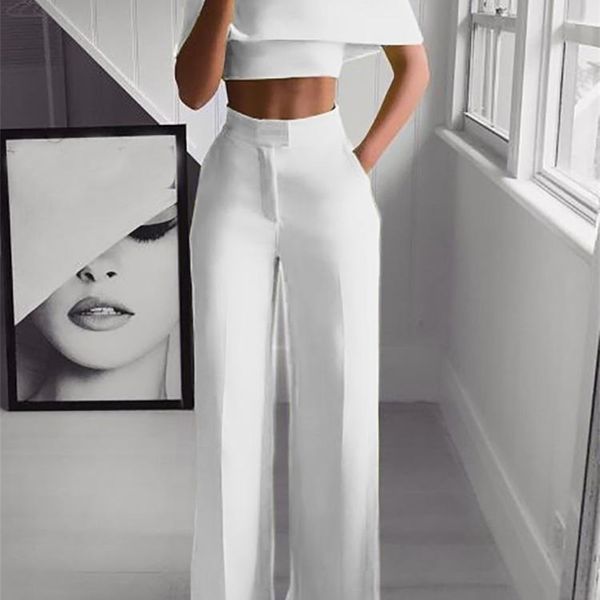 Yaz Beyaz Siyah 2 Parça Set Kadın Giyim Geniş Bacak Pantolonları Seksi Kırpılmış Üst + Uzun Pantolon Moda Kadın Takipleri T200825