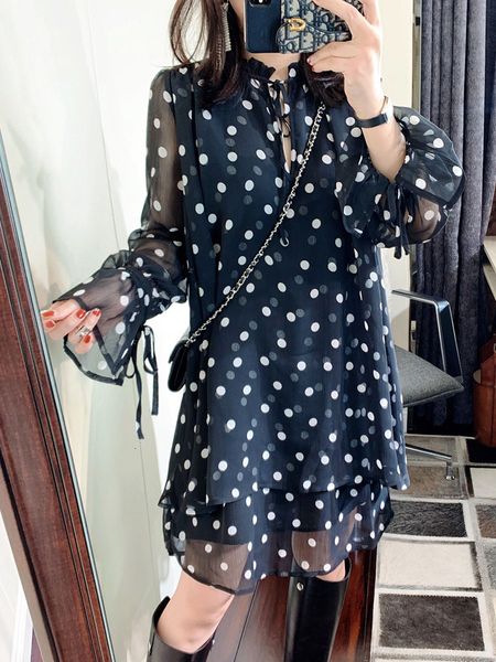 

2021 new primavera vero polka dot feminino mini vestido senhoras macio plissado mangas rendas gola feminina manga curta roupas de frias 3xkd, Black;gray