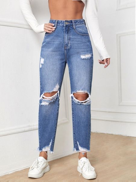 

high waisted ripped zip up straight leg jeans 34mn#, Blue