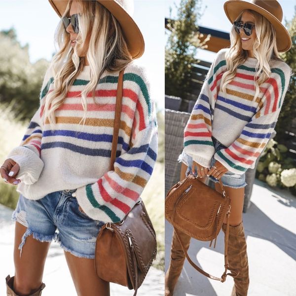 

aw2021 new stripe intercolor loose batman stitched net red sweater, White