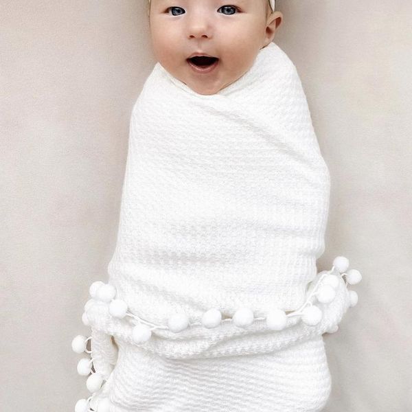 

blankets & swaddling 90x90cm baby blanket knitted born swaddle wrap pompom waffle fabric toddler infant boy/girl muslin bath