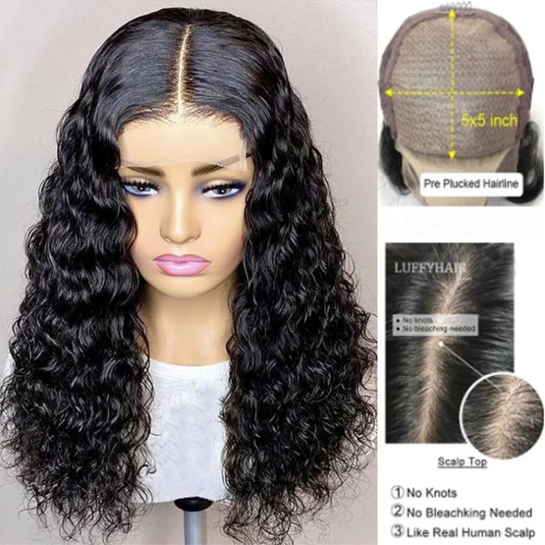 

lace wigs brazilian water wave human hair middle part 5x5 silk base machine with baby, Black;brown